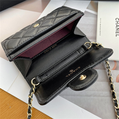 Ch*el belt bag with chain lambskin gold tone metal black color a81081