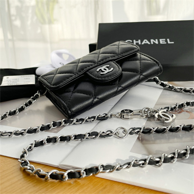 Ch*el belt bag with chain lambskin silver tone metal black color a81081