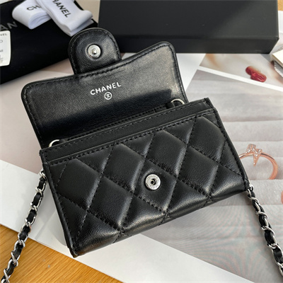 Ch*el belt bag with chain lambskin silver tone metal black color a81081