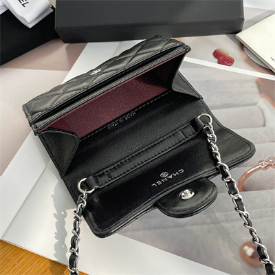 Ch*el belt bag with chain lambskin silver tone metal black color a81081