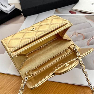 Ch*el belt bag with chain metallic lambskin gold tone metal gold color a81081