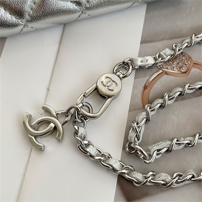 Ch*el belt bag with chain metallic lambskin silver tone metal silver color a81081