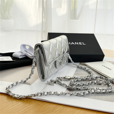 Ch*el belt bag with chain metallic lambskin silver tone metal silver color a81081