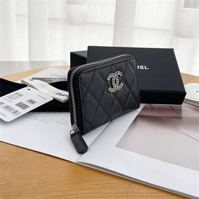 Ch*el zippy coin purse grained calfskin silver tone metal black ap3831