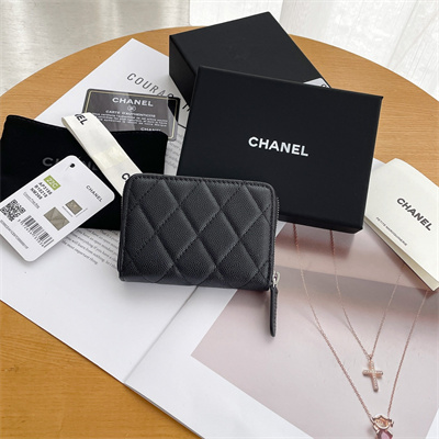 Ch*el zippy coin purse grained calfskin silver tone metal black ap3831