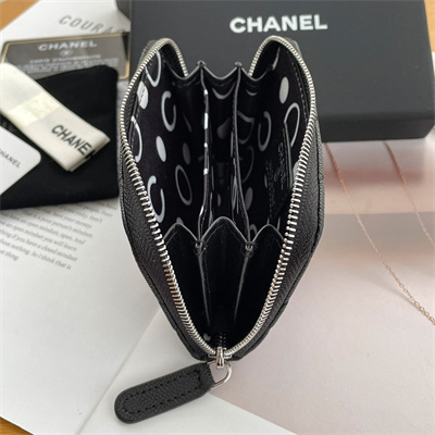 Ch*el zippy coin purse grained calfskin silver tone metal black ap3831