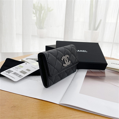 Ch*el wallet grained calfskin silver tone metal black ap3832