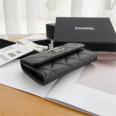 Ch*el wallet grained calfskin silver tone metal black ap3832