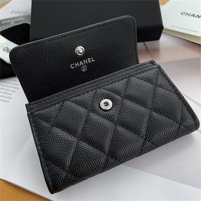 Ch*el wallet grained calfskin silver tone metal black ap3832