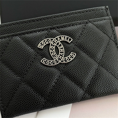 Ch*el card holder grained calfskin silver tone metal black ap3837