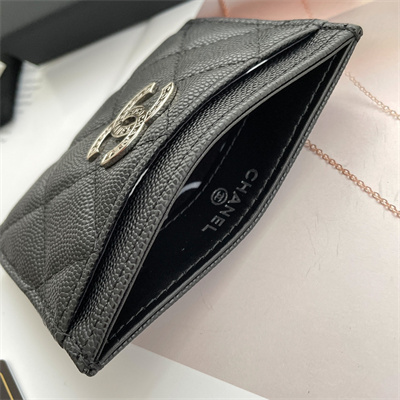 Ch*el card holder grained calfskin silver tone metal black ap3837
