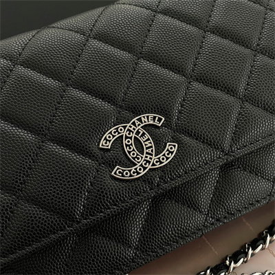 Ch*el wallet on chain grained calfskin silver tone metal black ap3839