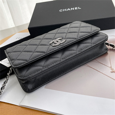 Ch*el wallet on chain grained calfskin silver tone metal black ap3839