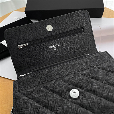 Ch*el wallet on chain grained calfskin silver tone metal black ap3839