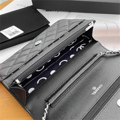 Ch*el wallet on chain grained calfskin silver tone metal black ap3839