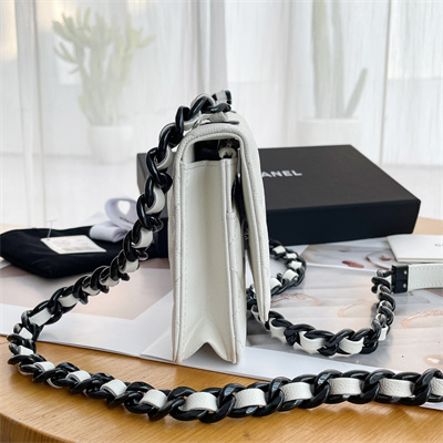 Ch*el wallet on chain grained calfskin black tone metal white a81059