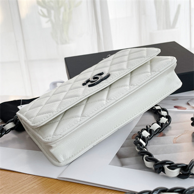 Ch*el wallet on chain grained calfskin black tone metal white a81059