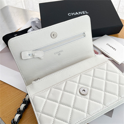 Ch*el wallet on chain grained calfskin black tone metal white a81059