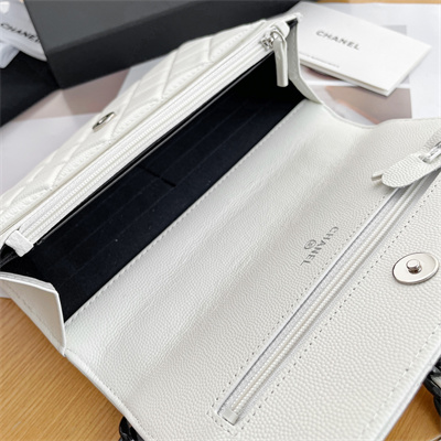 Ch*el wallet on chain grained calfskin black tone metal white a81059