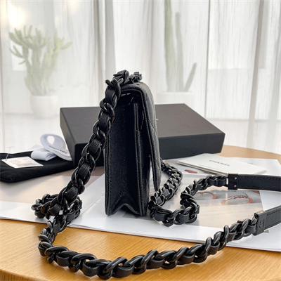 Ch*el wallet on chain grained calfskin black tone metal black a81059