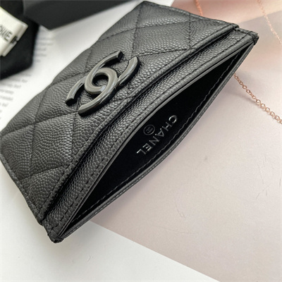 Ch*el classic card holder grained calfskin black tone metal black ap1967
