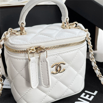 Ch*el small vanity case with chain lambskin gold tone metal white ap2198