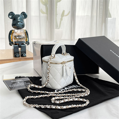Ch*el small vanity case with chain lambskin gold tone metal white ap2198