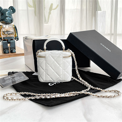 Ch*el small vanity case with chain lambskin gold tone metal white ap2198