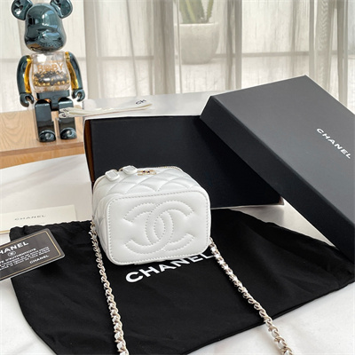 Ch*el small vanity case with chain lambskin gold tone metal white ap2198