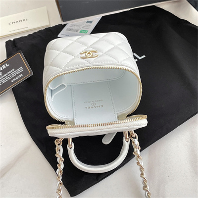 Ch*el small vanity case with chain lambskin gold tone metal white ap2198