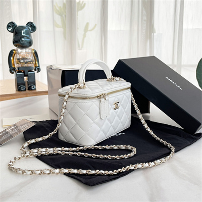 Ch*el vanity case with chain lambskin gold tone metal white ap2199