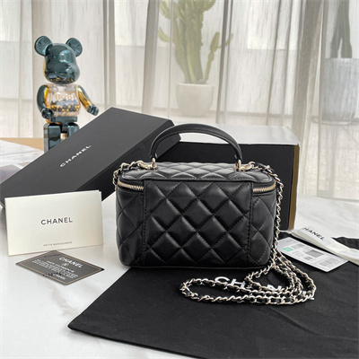 Ch*el vanity case with chain lambskin gold tone metal black ap2199