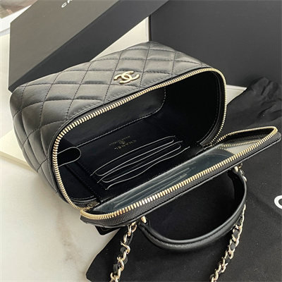 Ch*el vanity case with chain lambskin gold tone metal black ap2199