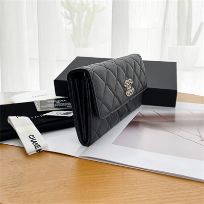 Ch*el long flap wallet grained calfskin black ap2740