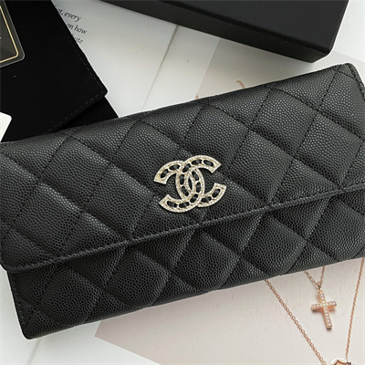 Ch*el long flap wallet grained calfskin black ap2740