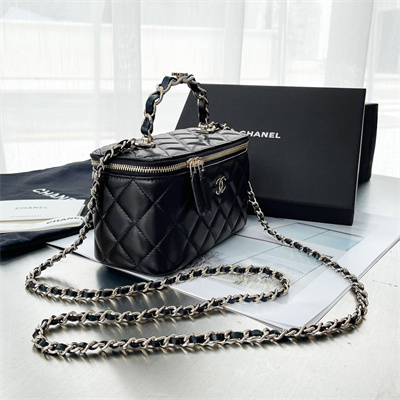 Ch*el vanity case with chain lambskin gold tone metal black ap3333