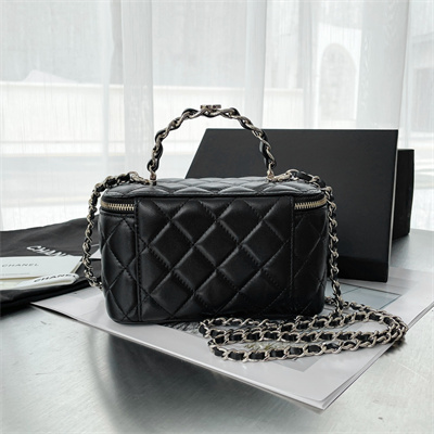 Ch*el vanity case with chain lambskin gold tone metal black ap3333