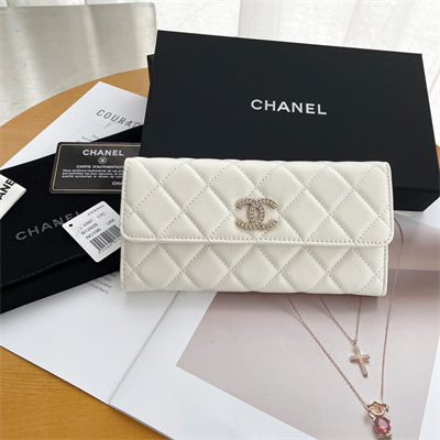 Ch*el long flap wallet grained calfskin white ap3396