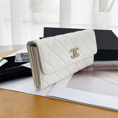Ch*el long flap wallet grained calfskin white ap3396