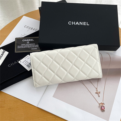 Ch*el long flap wallet grained calfskin white ap3396
