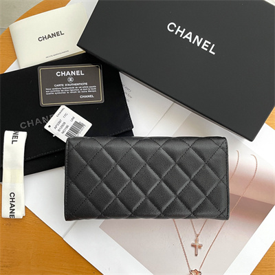Ch*el long flap wallet grained calfskin black ap3396