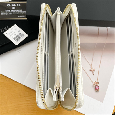 Ch*el long zippy wallet grained calfskin white ap3397