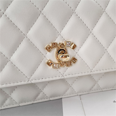 Ch*el clutch with chain lambskin gold tone metal white ap3797