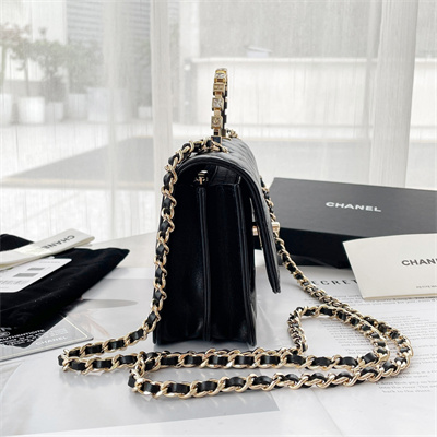 Ch*el clutch with chain lambskin gold tone metal black ap3797