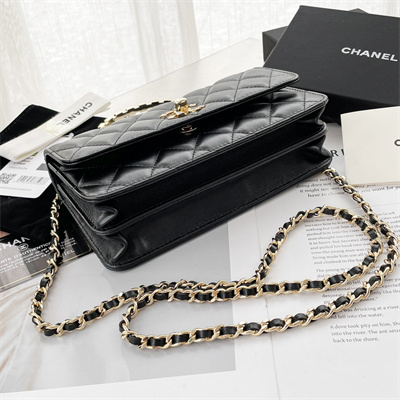 Ch*el clutch with chain lambskin gold tone metal black ap3797