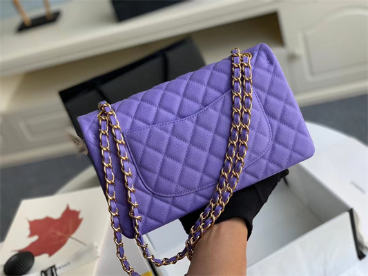 Ch*el medium classic flap bag grained calfskin gold tone metal purple 01112