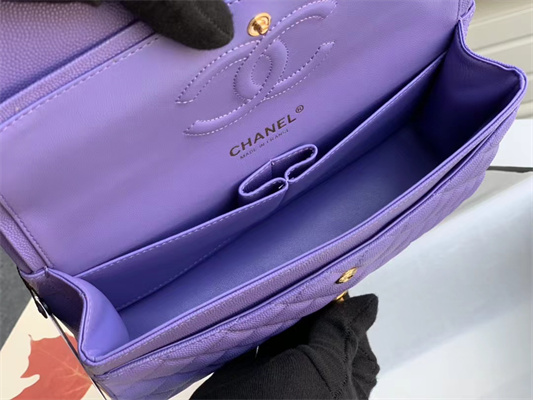Ch*el medium classic flap bag grained calfskin gold tone metal purple 01112