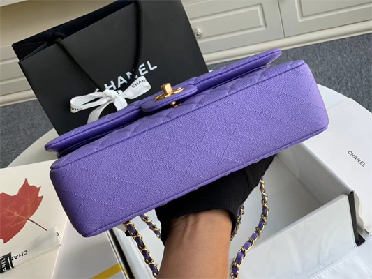 Ch*el medium classic flap bag grained calfskin gold tone metal purple 01112
