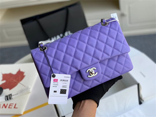Ch*el medium classic flap bag grained calfskin silver tone metal purple 01112