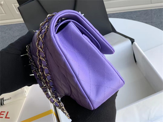 Ch*el medium classic flap bag grained calfskin silver tone metal purple 01112
